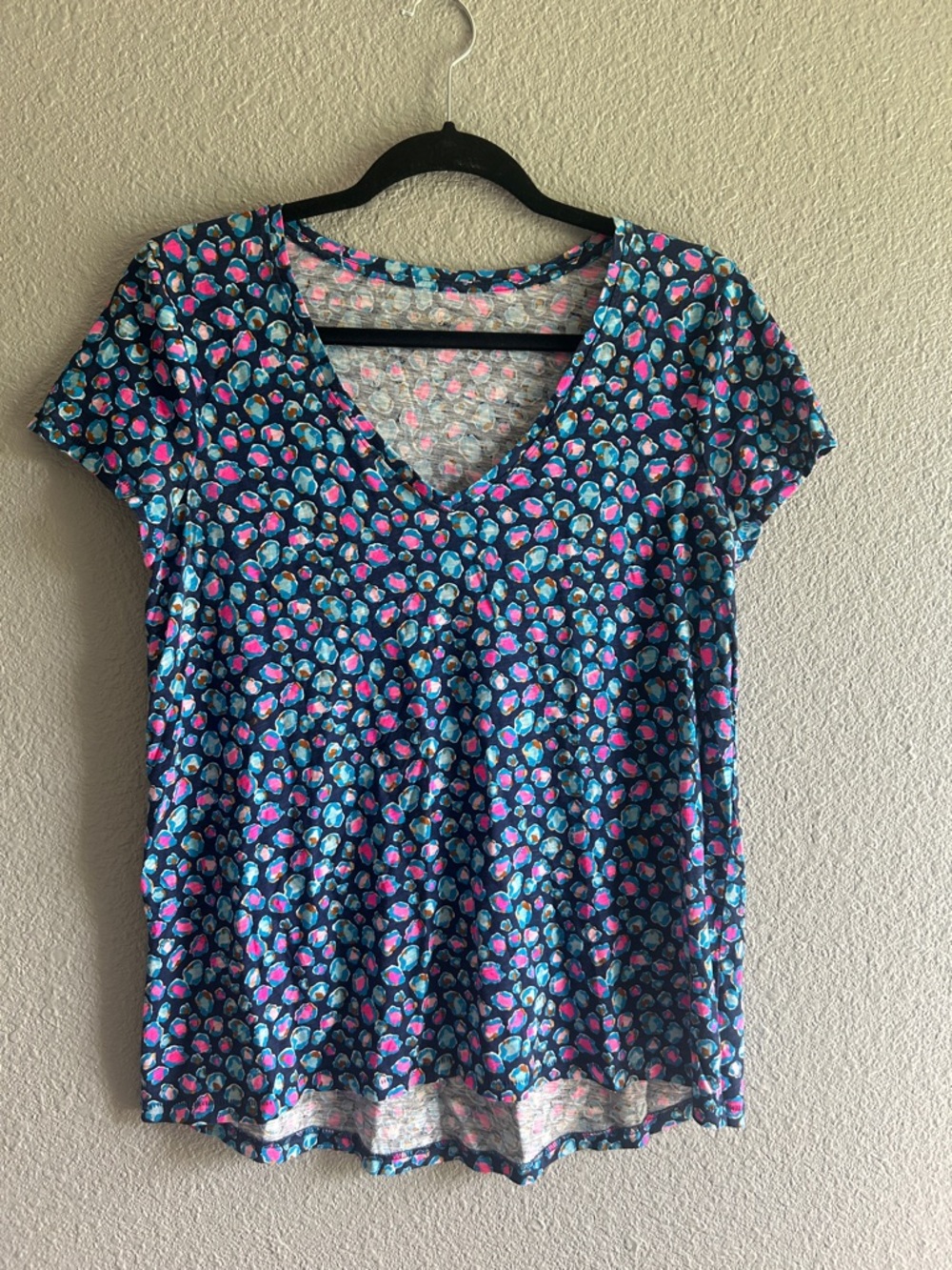 Lilly Pulitzer Navy V-Neck Tee with Pink & Aqua Floral Dots